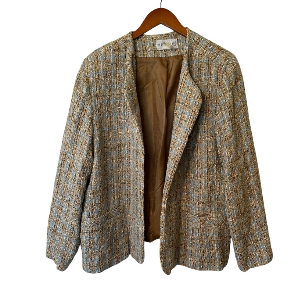 Bedford Fair Lifestyles Blue & Tan Tweed Open Front Jacket Womens 22W